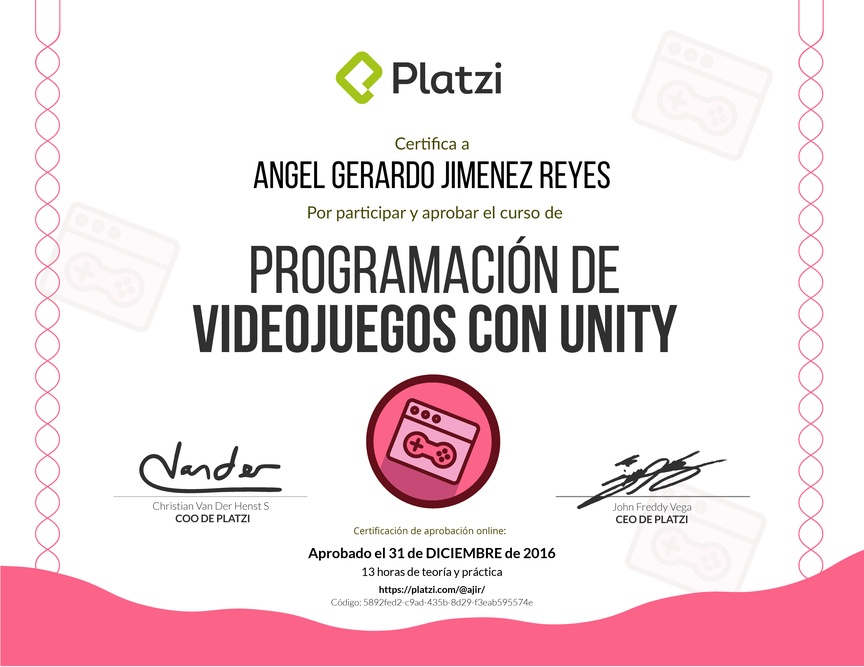Diploma del Curso de Programación de Videojuegos con Unity