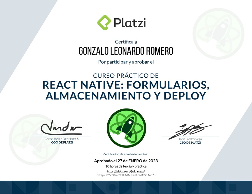 Diploma del Curso de React Native: Formularios, Almacenamiento y Deploy
