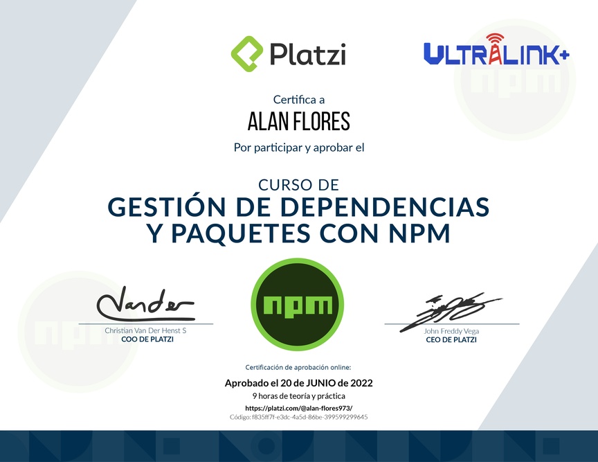 Diploma del Curso de Gestión de Dependencias y Paquetes con NPM