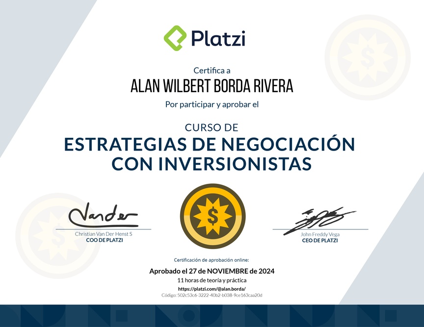 Diploma del Curso de Estrategias de Negociación con Inversionistas