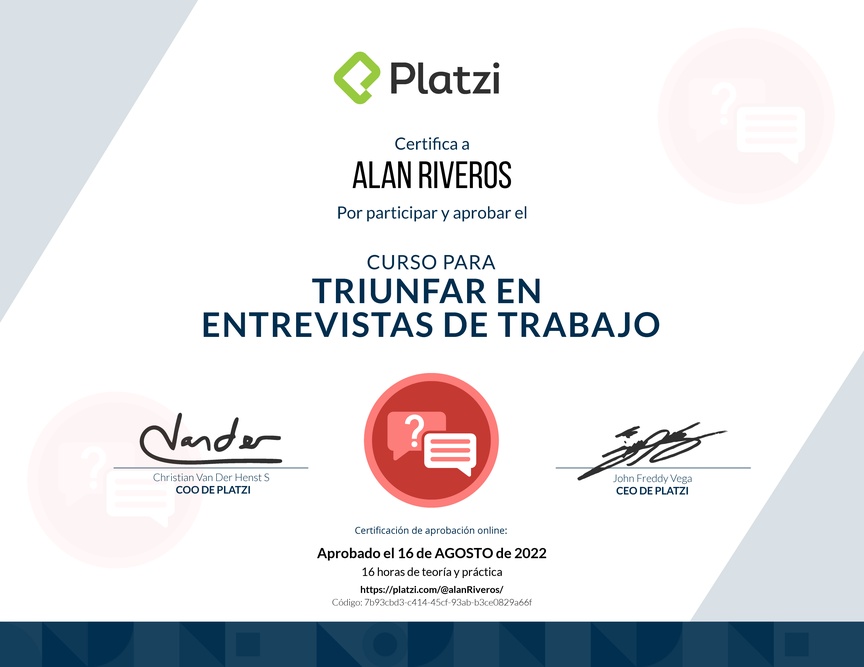 Diploma del Curso para Triunfar en Entrevistas de Trabajo