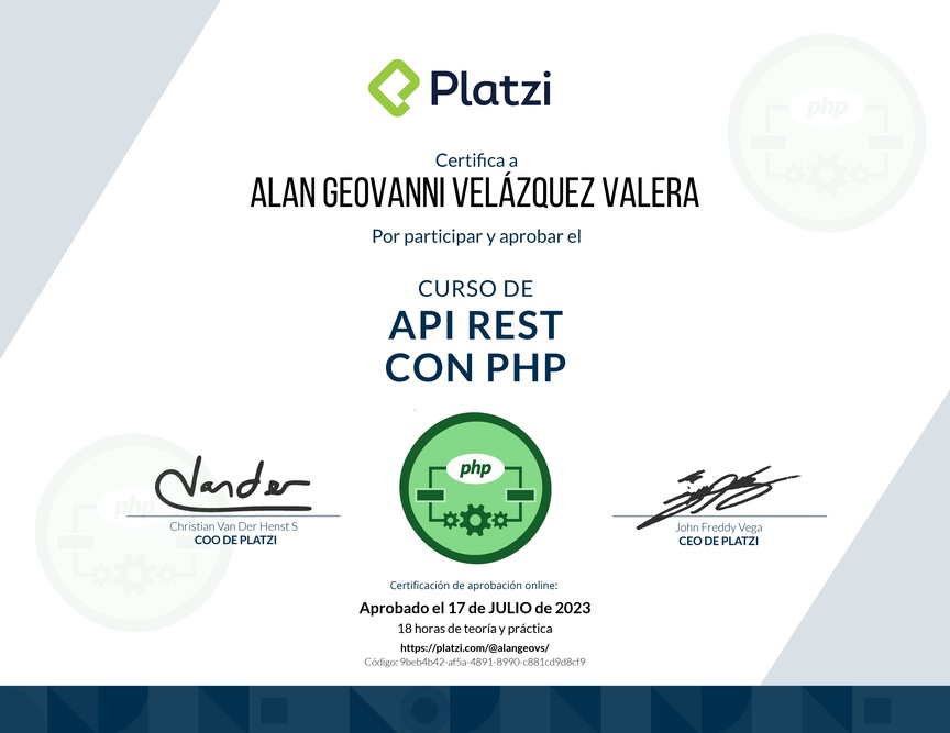 Diploma del Curso de API REST con PHP