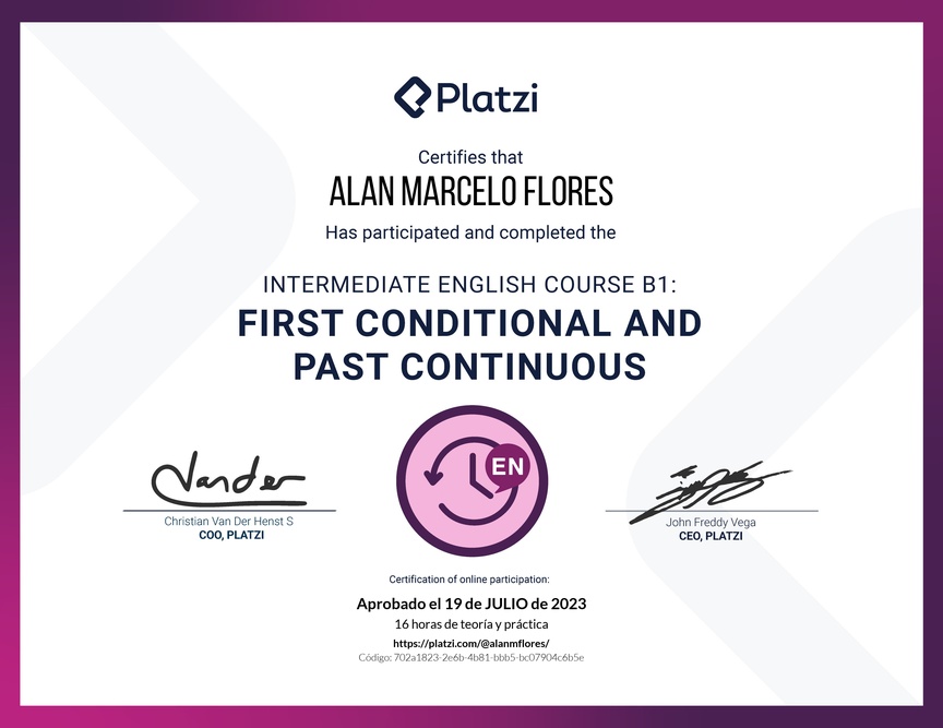 Diploma del Curso de Inglés Intermedio B1: Primer Condicional y Pasado Continuo