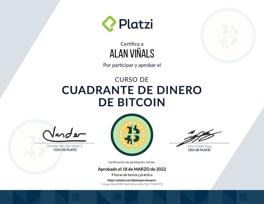 Diploma de Cuadrante de Dinero de Bitcoin y Criptomonedas