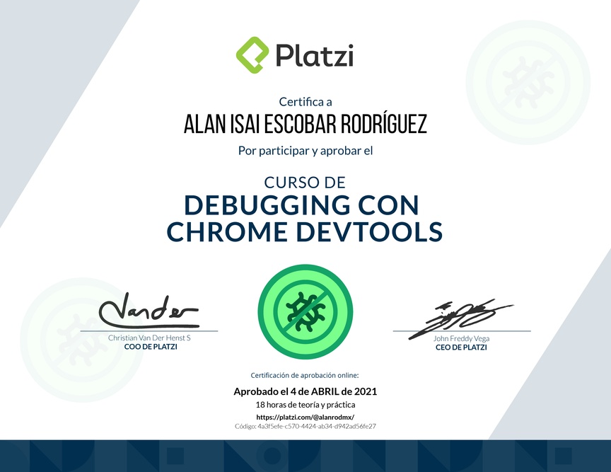 Diploma del Curso de Debugging con Chrome DevTools