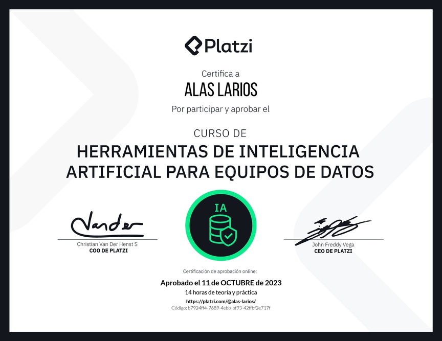 Diploma del Curso de Herramientas de Inteligencia Artificial para Equipos de Datos