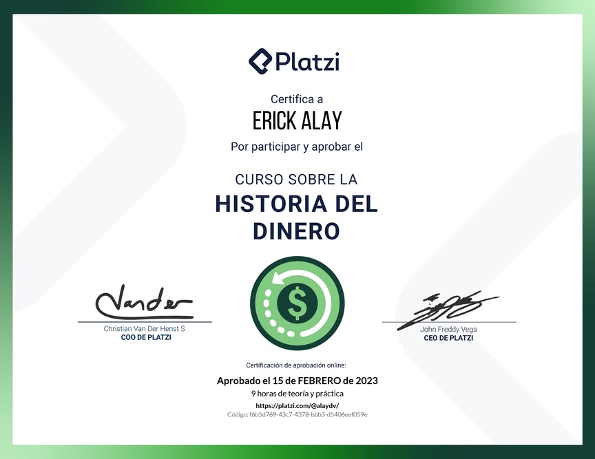 Diploma del Curso Sobre la Historia del Dinero