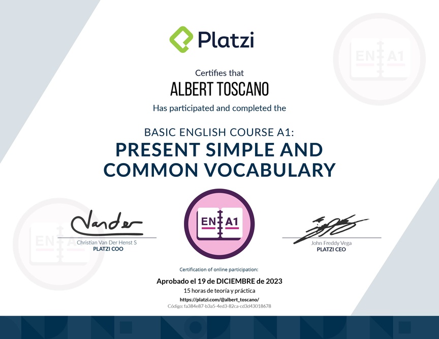 Diploma del Curso de Inglés Básico A1: Presente Simple y Vocabulario Común (2021)