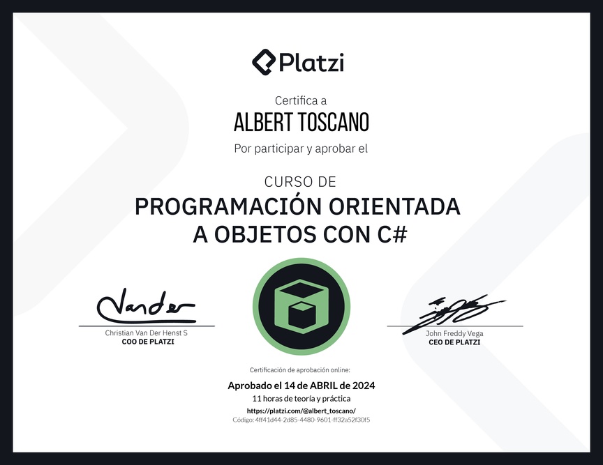Diploma del Curso de Programación Orientada a Objetos con C#