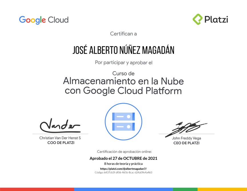 Diploma del Curso de Almacenamiento en la Nube con Google Cloud Platform