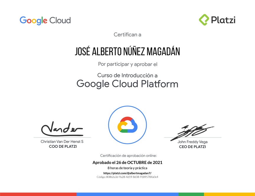 Diploma del Curso de Introducción a Google Cloud Platform