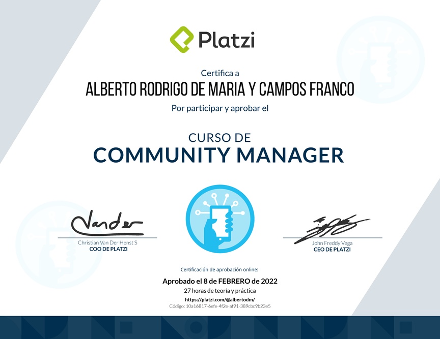 Diploma del Curso de Community Manager (2018)
