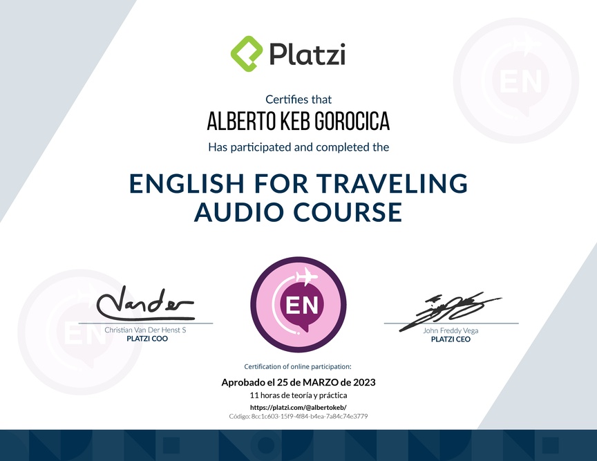 Diploma de Audio Curso de Inglés para Viajes