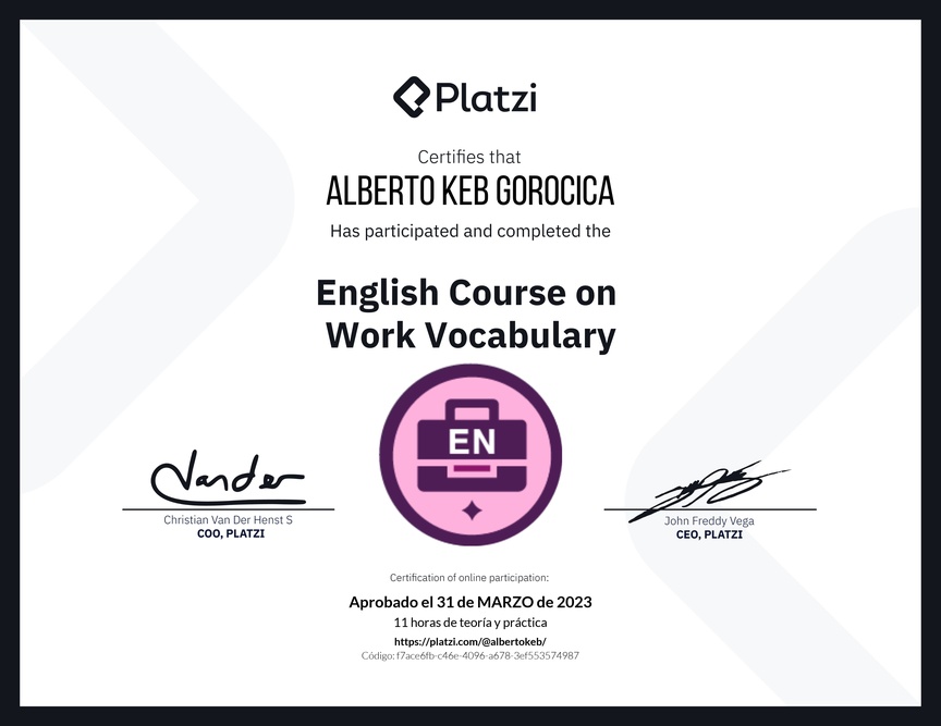 Diploma del Curso de Vocabulario en Inglés para el Trabajo