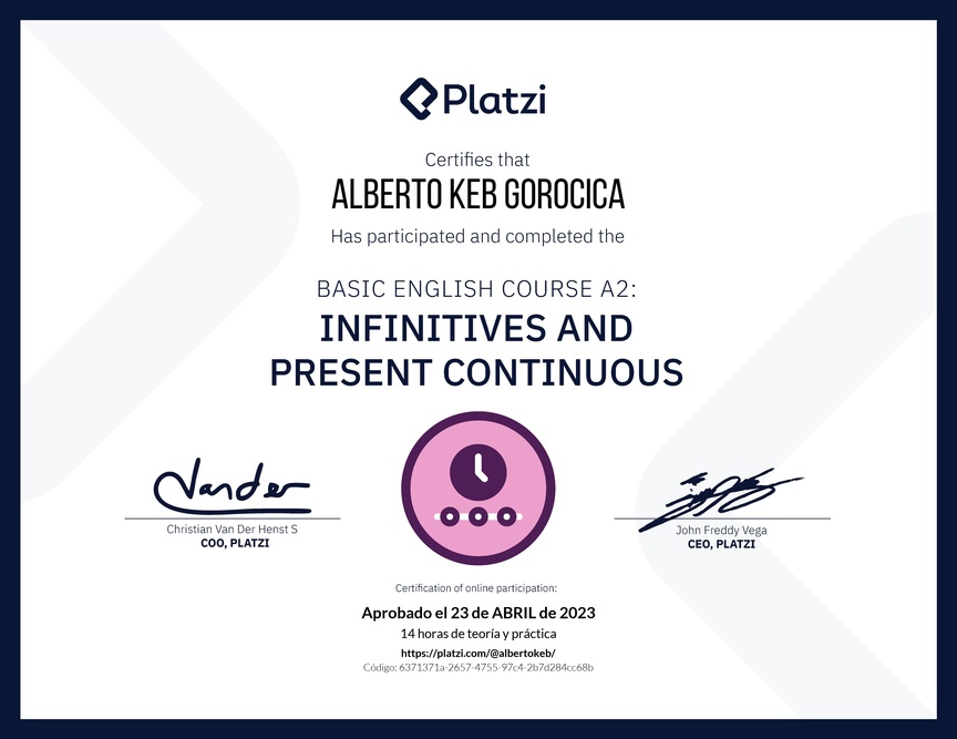 Diploma del Curso de Inglés Básico A2: Infinitivos y Presente Continuo