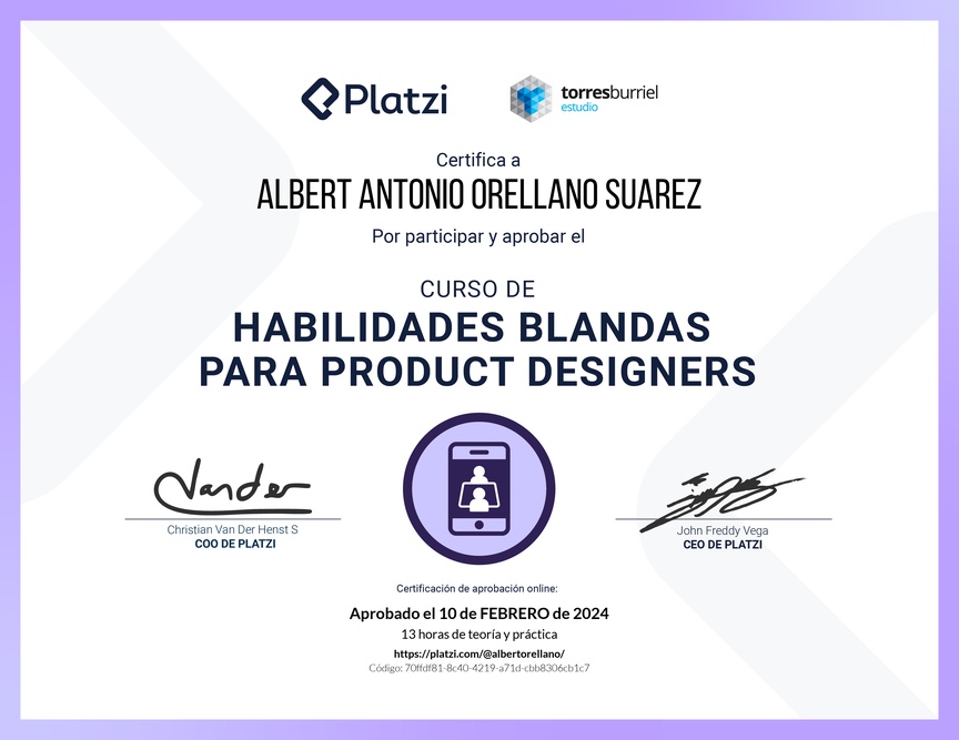 Diploma del Curso de Habilidades Blandas para Product Designers