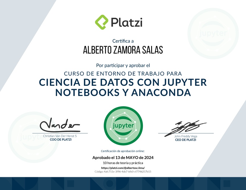Diploma del Curso de Entorno de Trabajo para Ciencia de Datos con Jupyter Notebooks y Anaconda