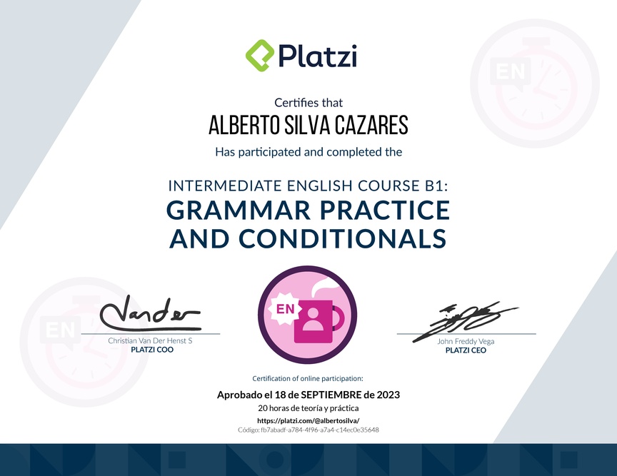 Diploma del Curso de Inglés Intermedio B1: Práctica Gramatical y Condicionales (2021)