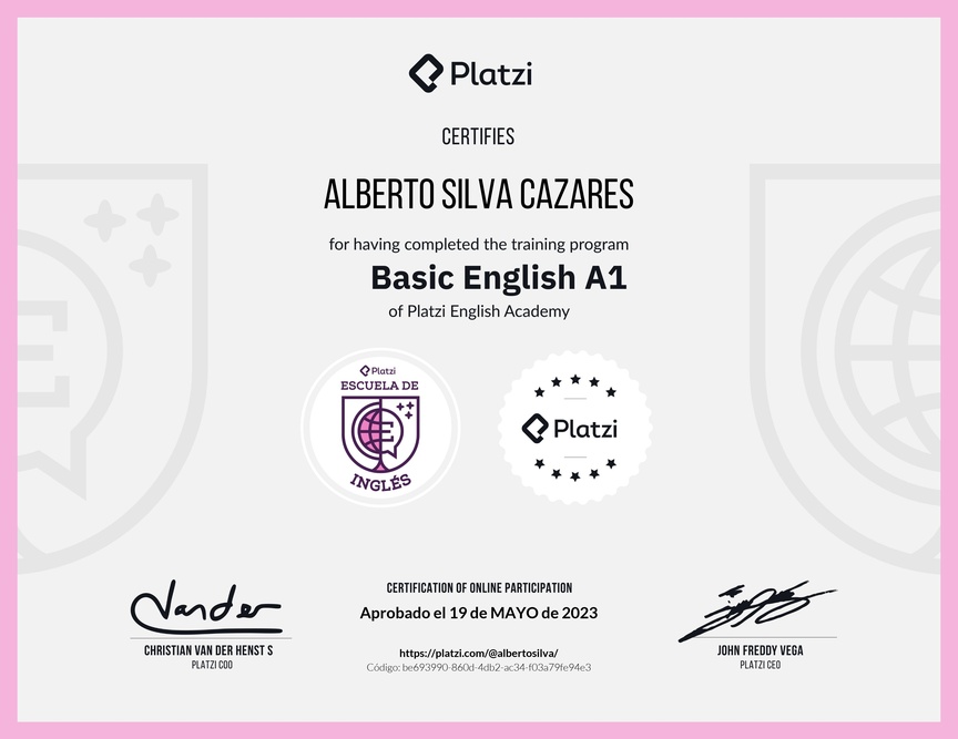 Diploma de la Ruta de Aprendizaje de Inglés Básico A1