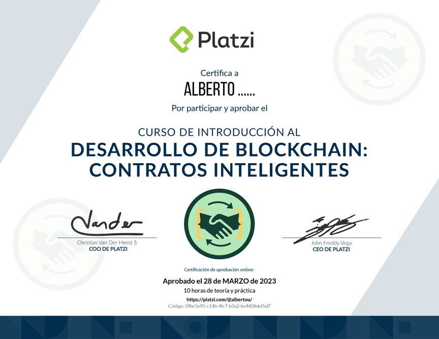 Diploma del Curso de Introducción al Desarrollo Blockchain: Smart Contracts