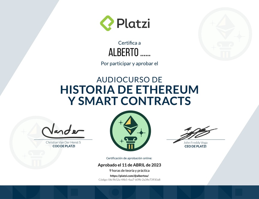 Diploma de Audiocurso de Historia de Ethereum y Smart Contracts