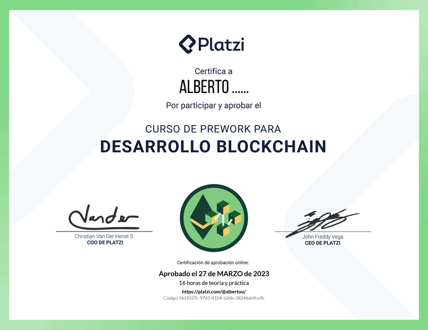 Diploma del Curso de Prework para Desarrollo de Aplicaciones Blockchain