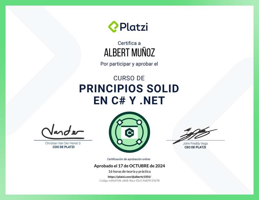 Diploma del Curso de Principios SOLID en C# y .NET