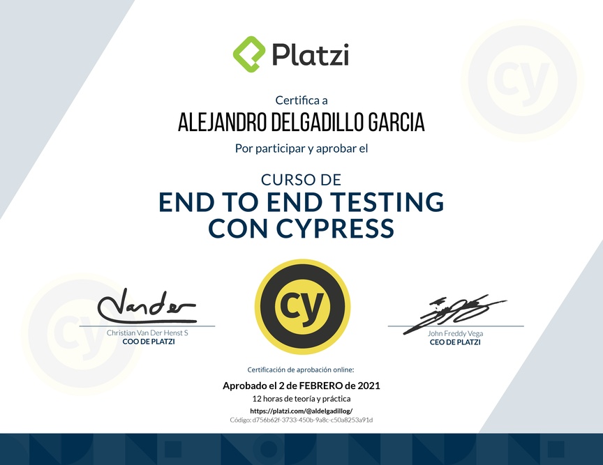 Diploma del Curso de End to End Testing con Cypress 2018
