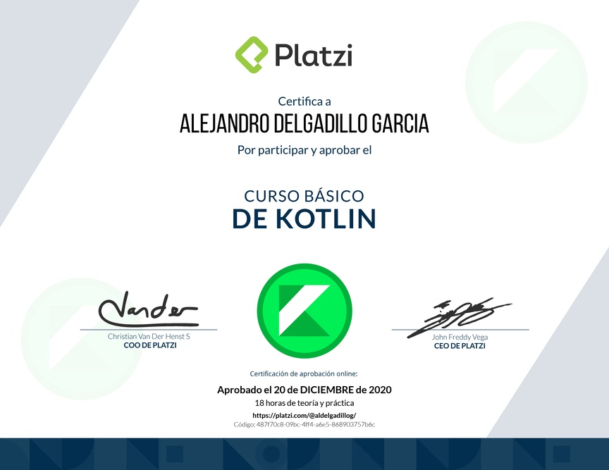 Diploma del Curso Básico de Kotlin 2019
