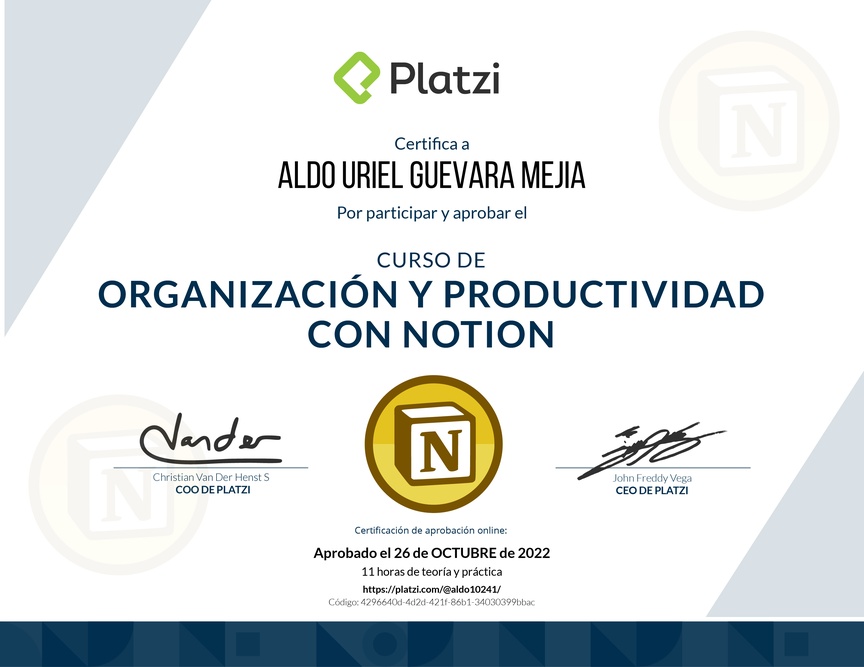 Diploma del Curso de Organización y Productividad con Notion (2021)