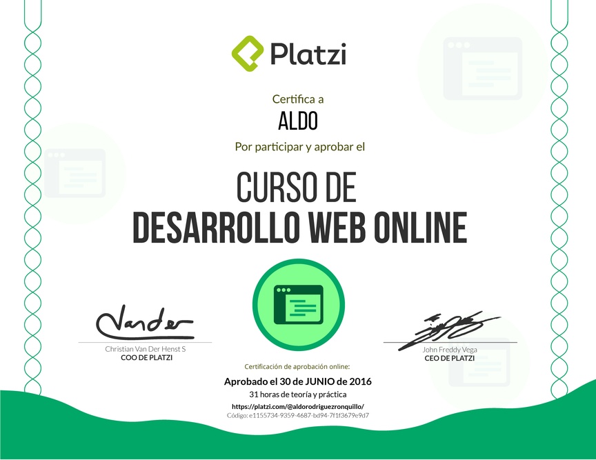 Diploma del Curso de Desarrollo Web Online 2016