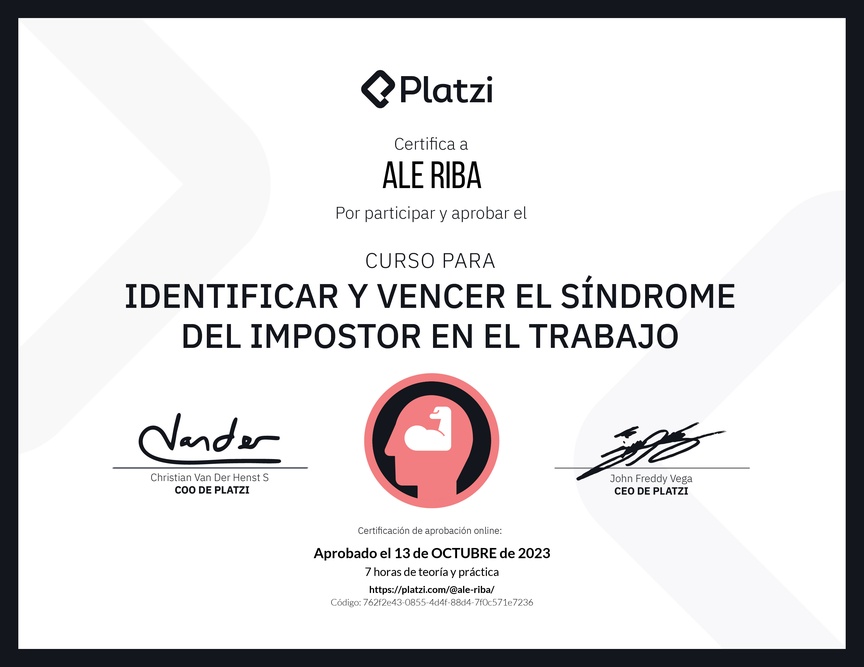 Diploma del Curso para Identificar y Vencer el Síndrome del Impostor