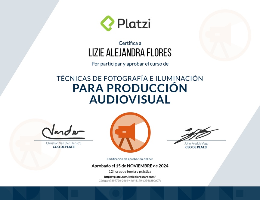 Diploma del Curso de Iluminación y Fotografía para Producciones Audiovisuales
