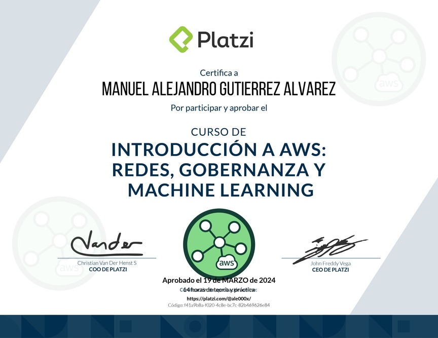 Diploma del Curso de Introducción a AWS: Redes, Gobernanza y Machine Learning