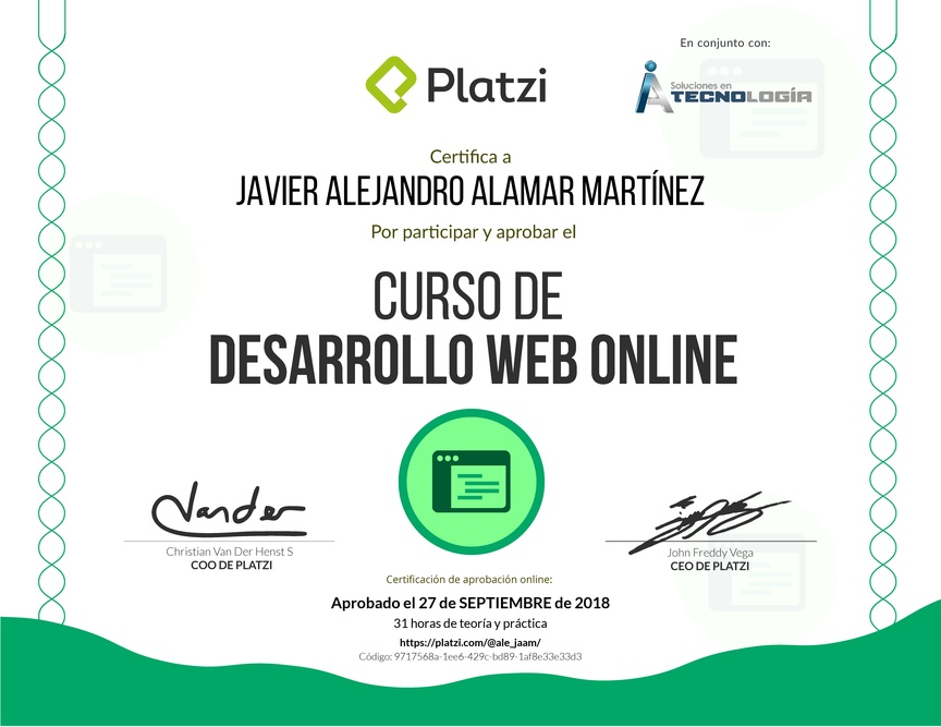 Diploma del Curso de Desarrollo Web Online 2016