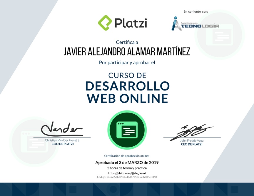 Diploma del Curso de Desarrollo Web Online