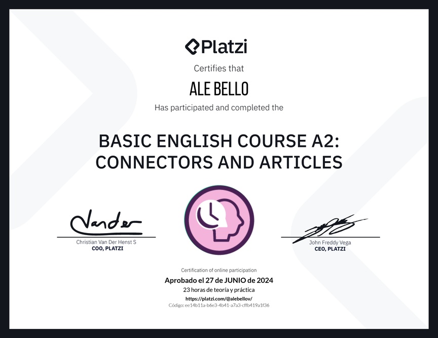Diploma del Curso de Inglés Básico A2: Conectores y Artículos