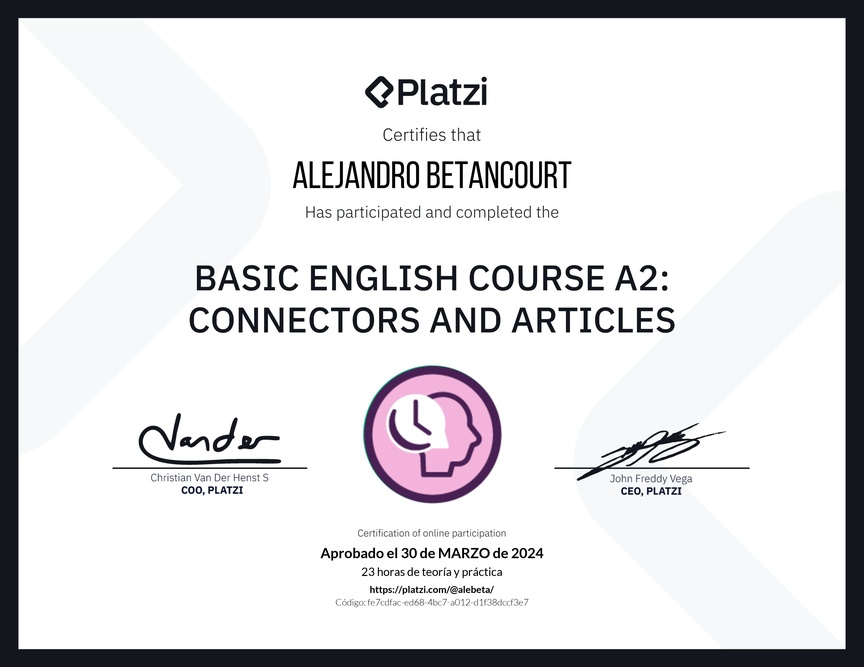 Diploma del Curso de Inglés Básico A2: Conectores y Artículos