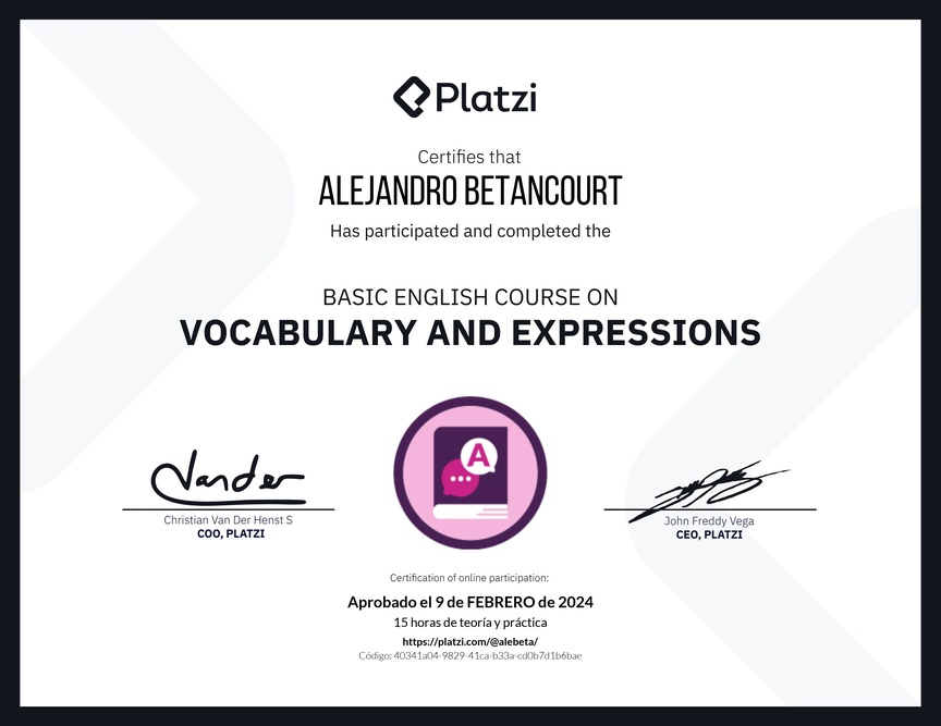 Diploma del Curso Básico de Vocabulario y Expresiones en Inglés