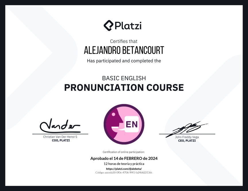 Diploma del Curso Básico de Pronunciación en Inglés