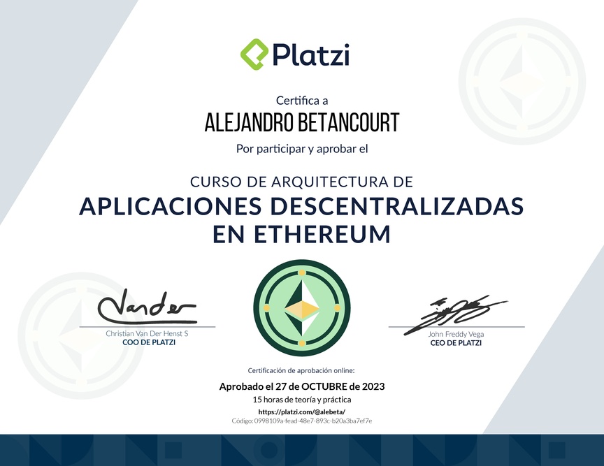 Diploma del Curso de Arquitectura de Aplicaciones Descentralizadas en Ethereum
