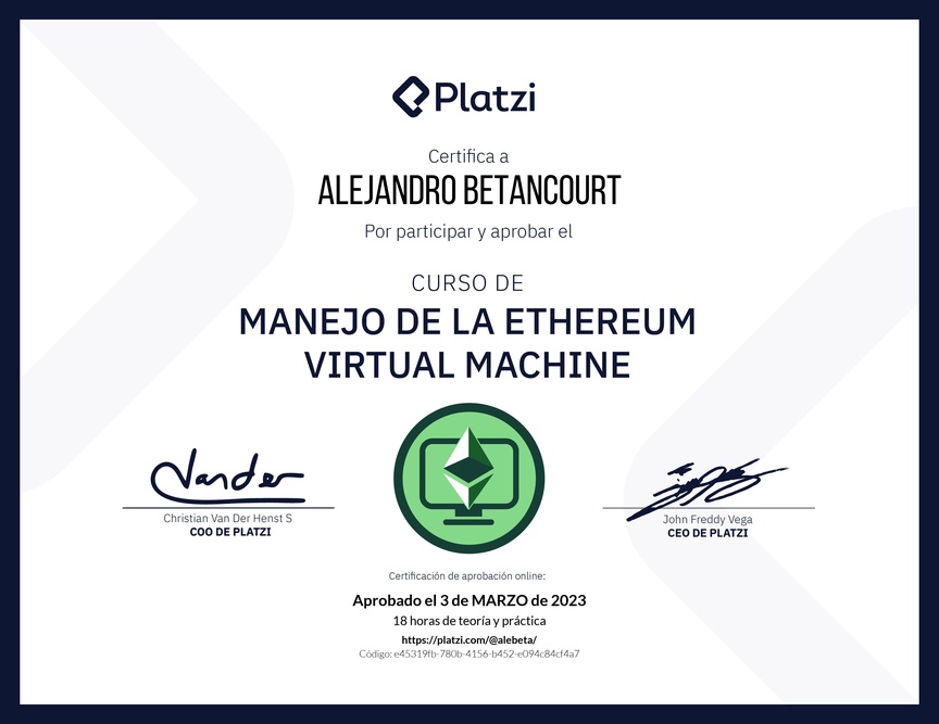 Diploma del Curso de Manejo de la Ethereum Virtual Machine