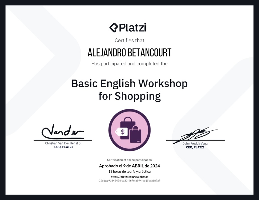 Diploma del Curso de Inglés Práctico para Compras