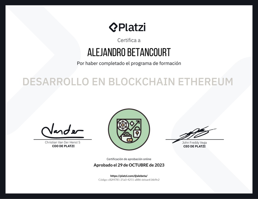 Diploma de la Ruta de Aprendizaje de Desarrollo en Blockchain Ethereum