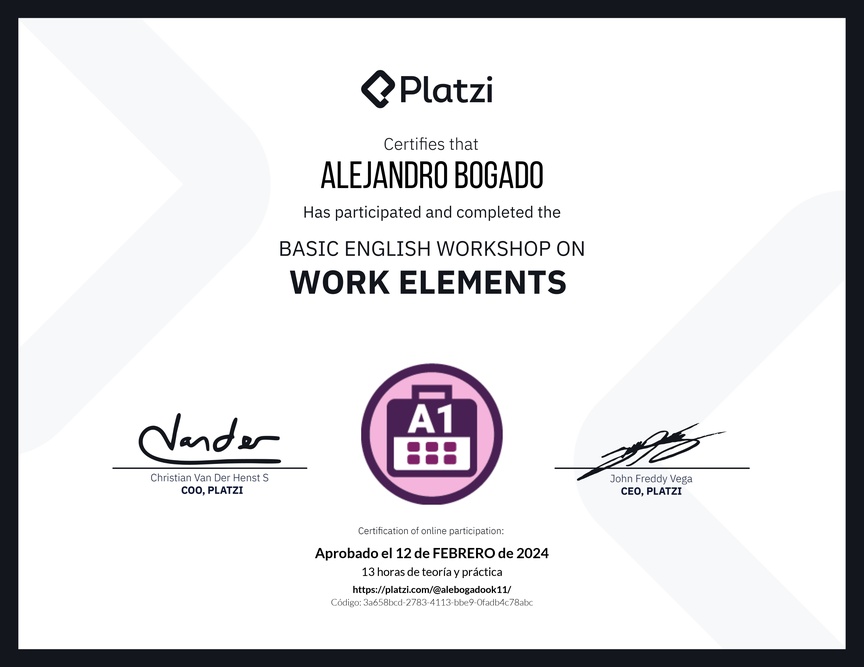 Diploma del Curso de Inglés Práctico sobre Elementos de Trabajo