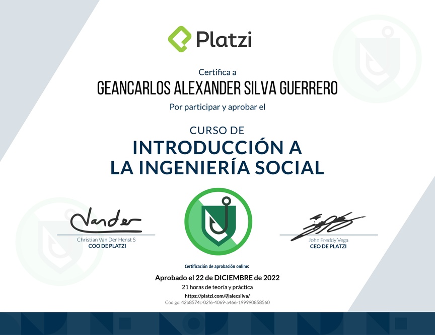 Diploma del Curso de Introducción a la Ingeniería Social: Técnicas, Ataques y Pretexting