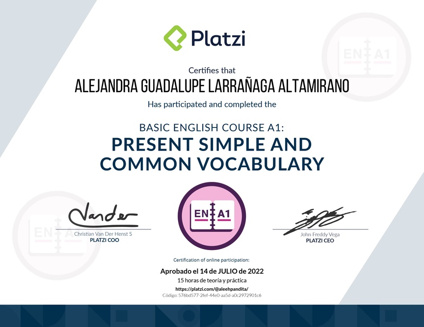 Diploma del Curso de Inglés Básico A1: Presente Simple y Vocabulario Común (2021)