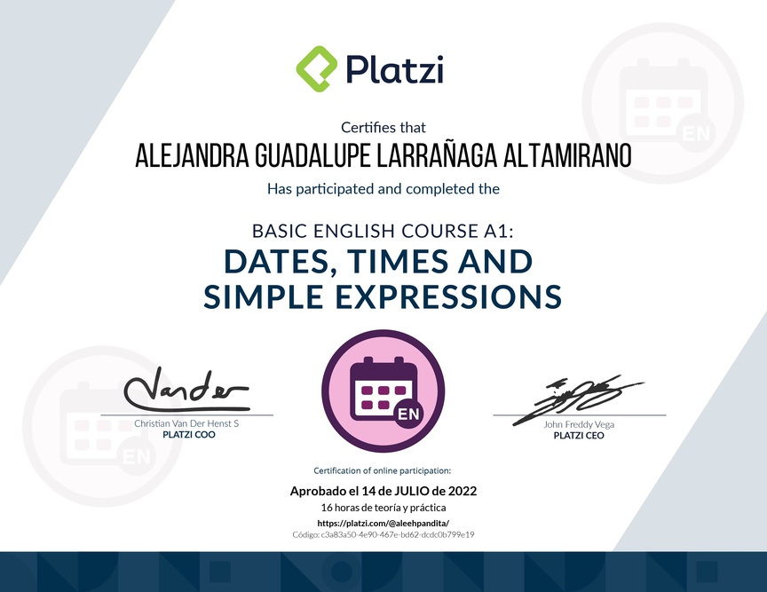 Diploma del Curso de Inglés Básico A1: Fechas, Horas y Expresiones Simples
