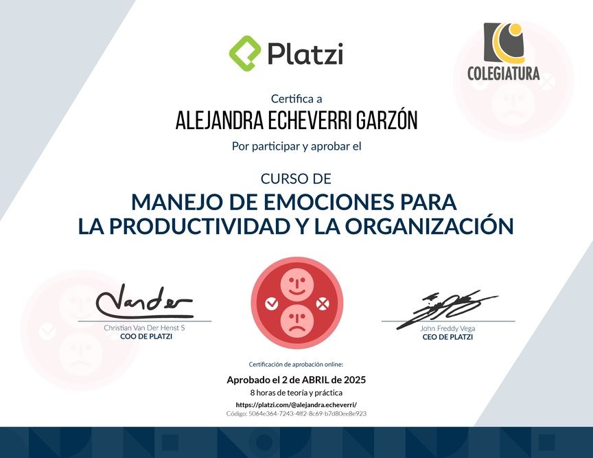 Diploma del Curso de Manejo de Emociones para la Productividad y la Organización