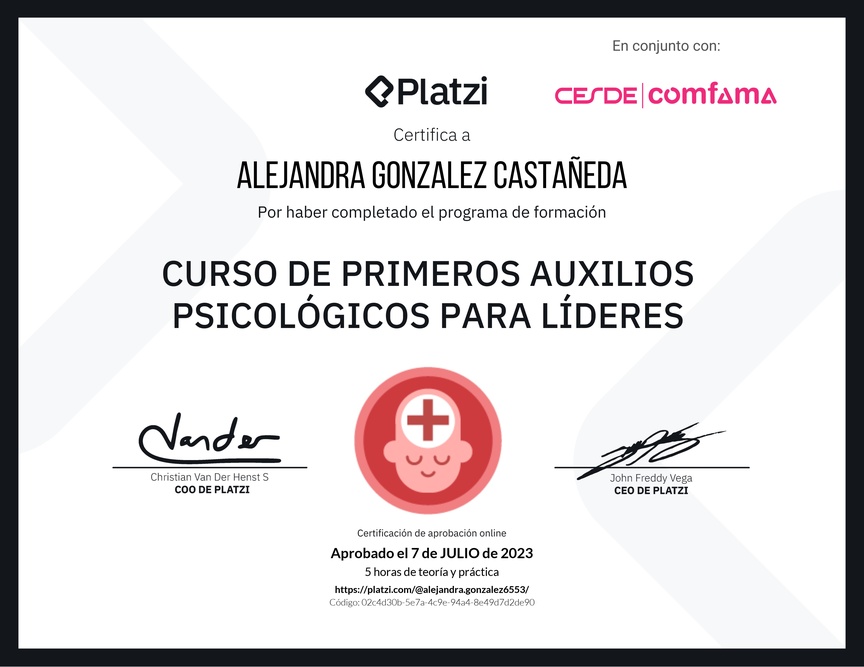 Diploma del Curso de Primeros Auxilios Psicológicos para Líderes